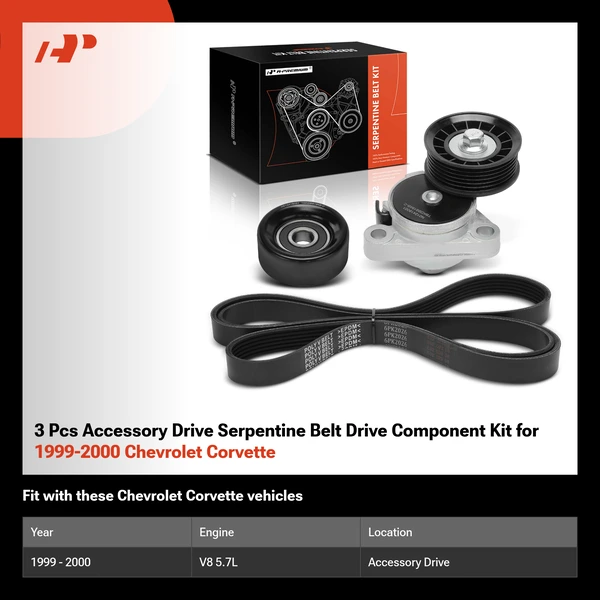 3 Pcs Accessory Drive Serpentine Belt Drive Component Kit for 1999-2000 Chevrolet Corvette