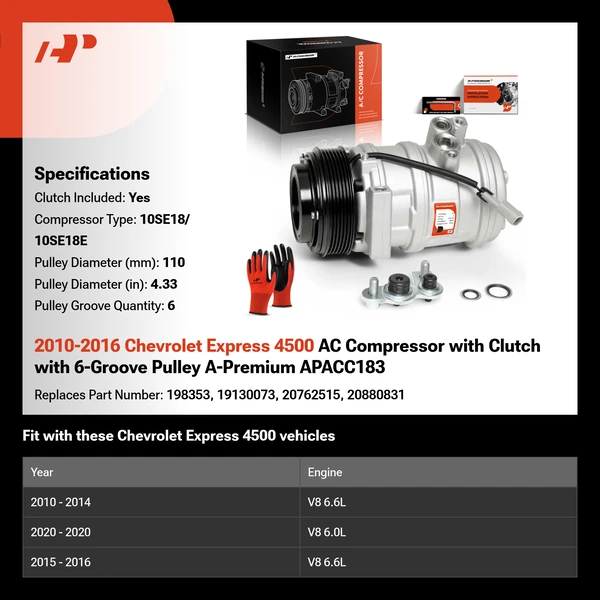 2010-2016 Chevrolet Express 4500 AC Compressor with Clutch with 6-Groove Pulley A-Premium APACC183