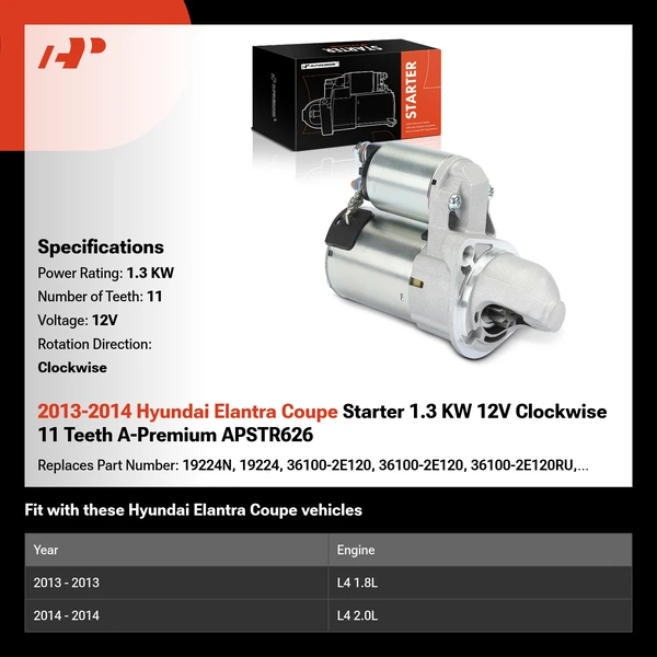 2013-2014 Hyundai Elantra Coupe Starter 1.3 KW 12V Clockwise 11 Teeth A-Premium APSTR626