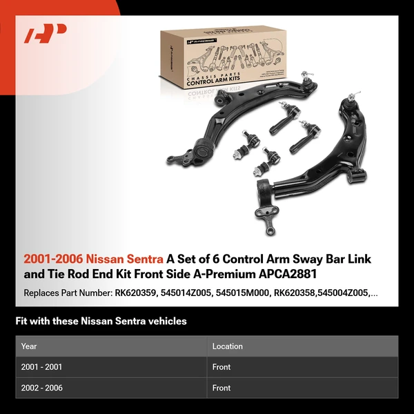 2001-2006 Nissan Sentra A Set of 6 Control Arm Sway Bar Link and Tie Rod End Kit Front Side A-Premium APCA2881