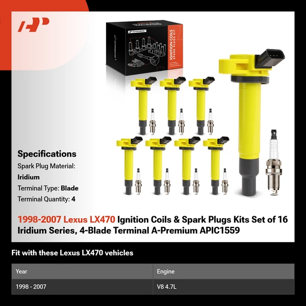 1998-2007 Lexus LX470 Ignition Coils & Spark Plugs Kits Set of 16 Iridium Series, 4-Blade Terminal A-Premium APIC1559