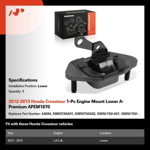 2012-2015 Honda Crosstour 1-Pc Engine Mount Lower A-Premium APEM1870