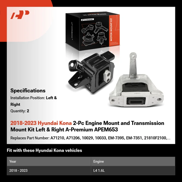 2018-2023 Hyundai Kona 2-Pc Engine Mount and Transmission Mount Kit Left & Right A-Premium APEM653