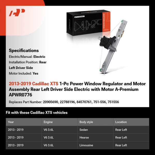 2013-2019 Cadillac XTS 1-Pc Power Window Regulator and Motor Assembly Rear Left Driver Side Electric with Motor A-Premium APWR0776