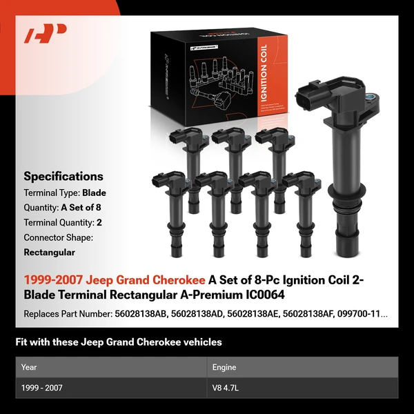 1999-2007 Jeep Grand Cherokee A Set of 8-Pc Ignition Coil 2-Blade Terminal Rectangular A-Premium IC0064