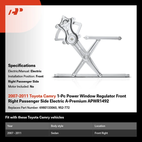 2007-2011 Toyota Camry 1-Pc Power Window Regulator Front Right Passenger Side Electric A-Premium APWR1492