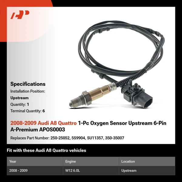 2008-2009 Audi A8 Quattro 1-Pc Oxygen Sensor Upstream 6-Pin A-Premium APOS0003