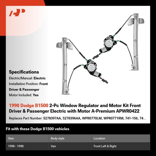 1998 Dodge B1500 2-Pc Window Regulator and Motor Kit Front Driver & Passenger Electric with Motor A-Premium APWR0422