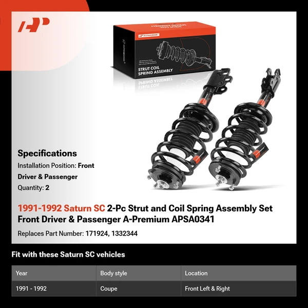 1991-1992 Saturn SC 2-Pc Strut and Coil Spring Assembly Set Front Driver & Passenger A-Premium APSA0341