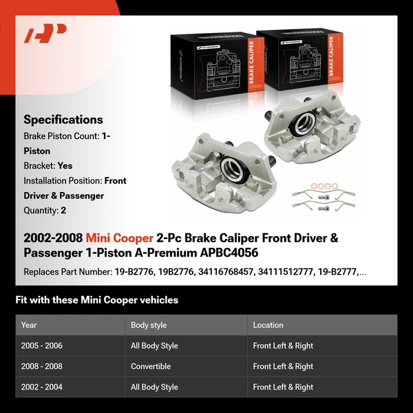 2002-2008 Mini Cooper 2-Pc Brake Caliper Front Driver & Passenger 1-Piston A-Premium APBC4056