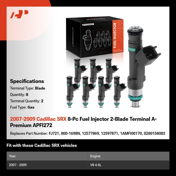 2007-2009 Cadillac SRX 8-Pc Fuel Injector 2-Blade Terminal A-Premium APFI272
