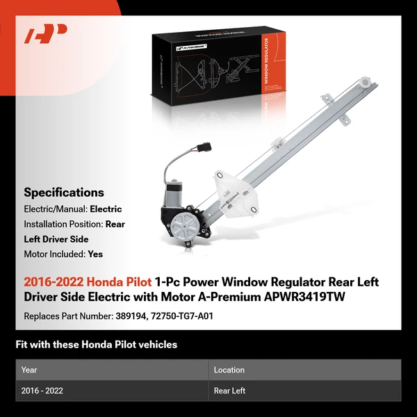2016-2022 Honda Pilot 1-Pc Power Window Regulator Rear Left Driver Side Electric with Motor A-Premium APWR3419TW