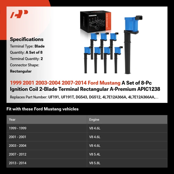 1999 2001 2003-2004 2007-2014 Ford Mustang A Set of 8-Pc Ignition Coil 2-Blade Terminal Rectangular A-Premium APIC1238