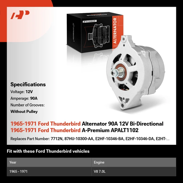 1965-1971 Ford Thunderbird Alternator 90A 12V Bi-Directional 1965-1971 Ford Thunderbird A-Premium APALT1102