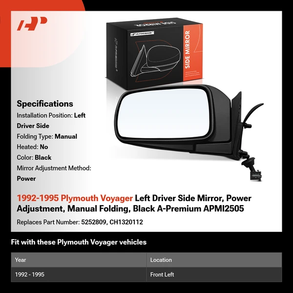 1992-1995 Plymouth Voyager Left Driver Side Mirror, Power Adjustment, Manual Folding, Black A-Premium APMI2505