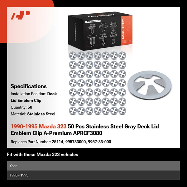 1990-1995 Mazda 323 50 Pcs Stainless Steel Gray Deck Lid Emblem Clip A-Premium APRCF3080