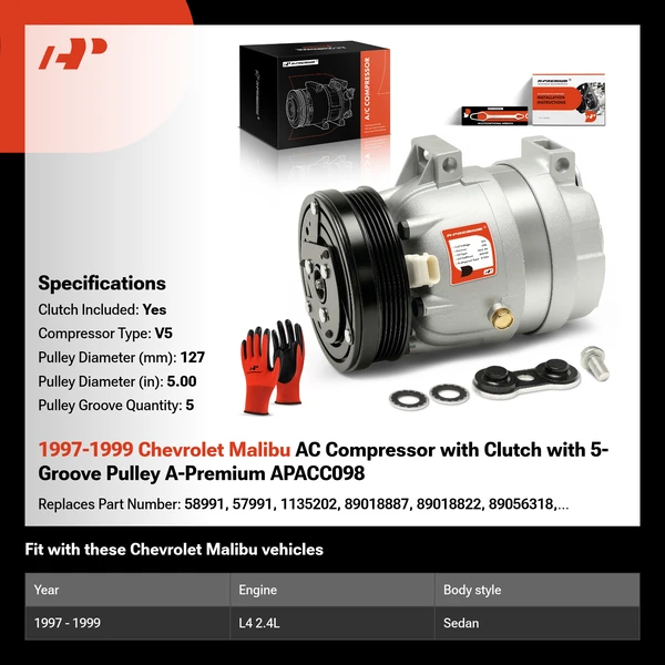 1997-1999 Chevrolet Malibu AC Compressor with Clutch with 5-Groove Pulley A-Premium APACC098