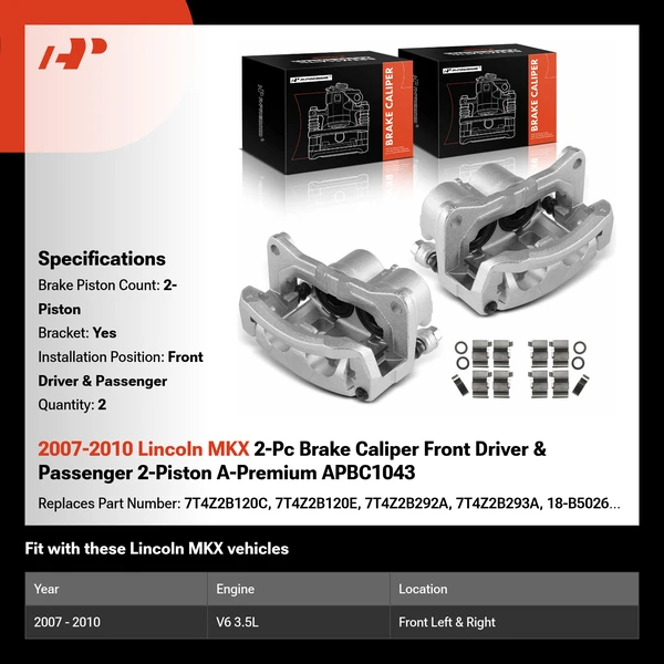 2007-2010 Lincoln MKX 2-Pc Brake Caliper Front Driver & Passenger 2-Piston A-Premium APBC1043