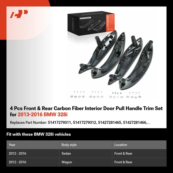 4 Pcs Front & Rear Carbon Fiber Interior Door Pull Handle Trim Set for 2013-2016 BMW 328i