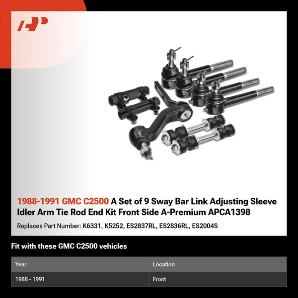 1988-1991 GMC C2500 A Set of 9 Sway Bar Link Adjusting Sleeve Idler Arm Tie Rod End Kit Front Side A-Premium APCA1398