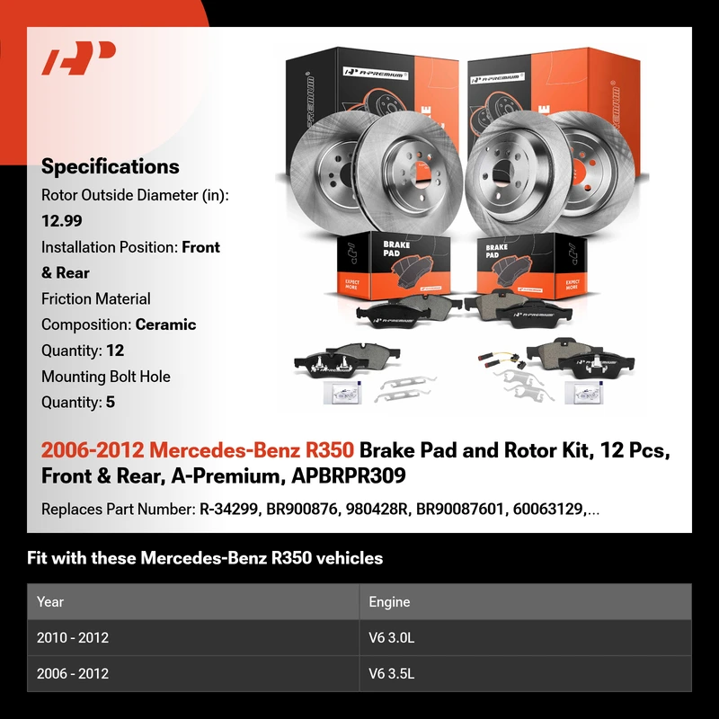 2006-2012 Mercedes-Benz R350 Brake Pad and Rotor Kit, 12 Pcs, Front & Rear, A-Premium, APBRPR309
