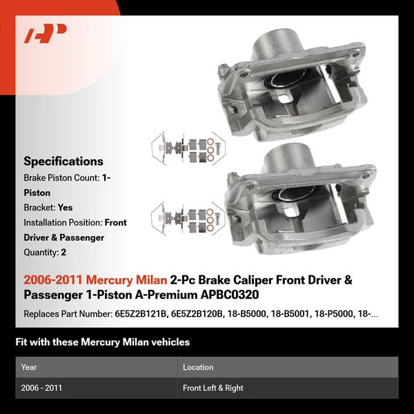 2006-2011 Mercury Milan 2-Pc Brake Caliper Front Driver & Passenger 1-Piston A-Premium APBC0320