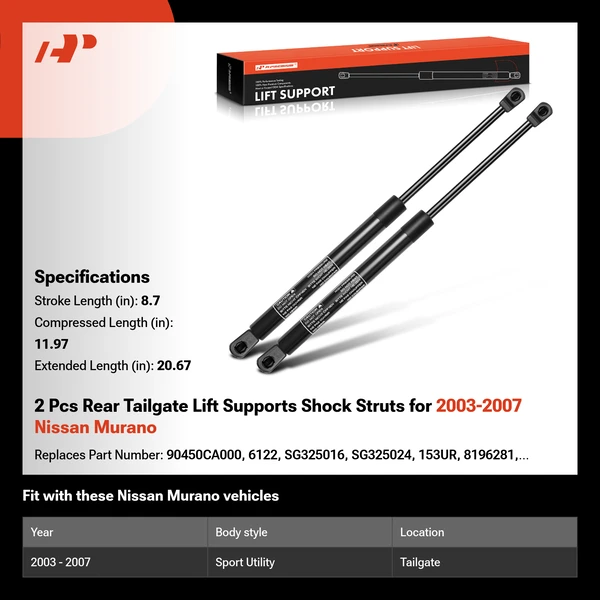 2 Pcs Rear Tailgate Lift Supports Shock Struts for 2003-2007 Nissan Murano