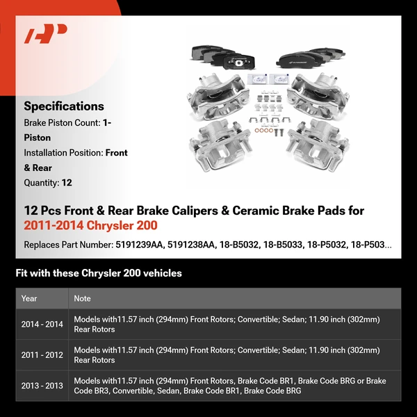 12 Pcs Front & Rear Brake Calipers & Ceramic Brake Pads for 2011-2014 Chrysler 200