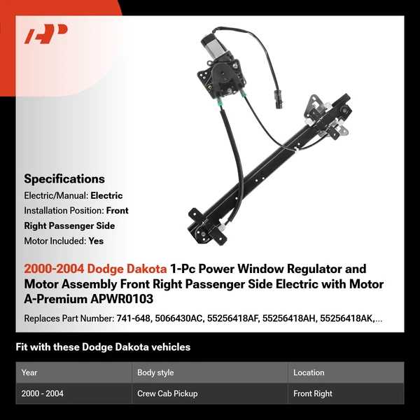 2000-2004 Dodge Dakota 1-Pc Power Window Regulator and Motor Assembly Front Right Passenger Side Electric with Motor A-Premium APWR0103