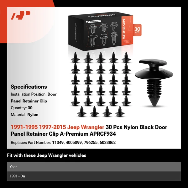 1991-1995 1997-2015 Jeep Wrangler 30 Pcs Nylon Black Door Panel Retainer Clip A-Premium APRCF934