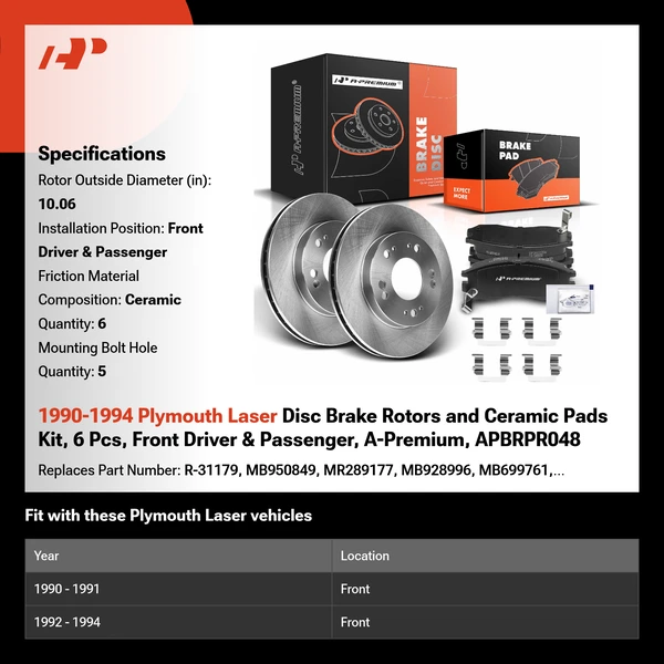 1990-1994 Plymouth Laser Disc Brake Rotors and Ceramic Pads Kit, 6 Pcs, Front Driver & Passenger, A-Premium, APBRPR048