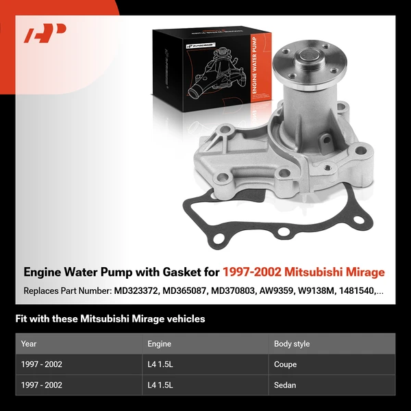 Engine Water Pump with Gasket for 1997-2002 Mitsubishi Mirage