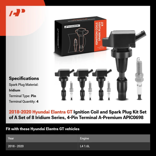 2018-2020 Hyundai Elantra GT Ignition Coil and Spark Plug Kit Set of A Set of 8 Iridium Series, 4-Pin Terminal A-Premium APIC0698