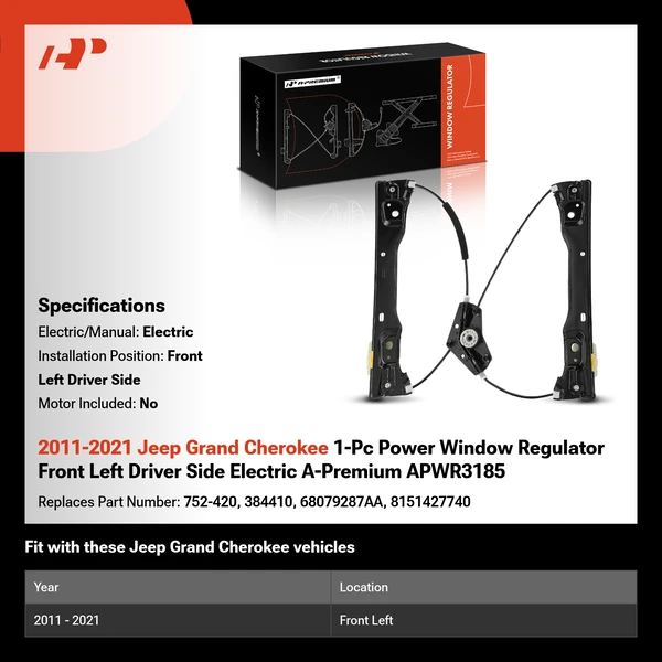 2011-2021 Jeep Grand Cherokee 1-Pc Power Window Regulator Front Left Driver Side Electric A-Premium APWR3185