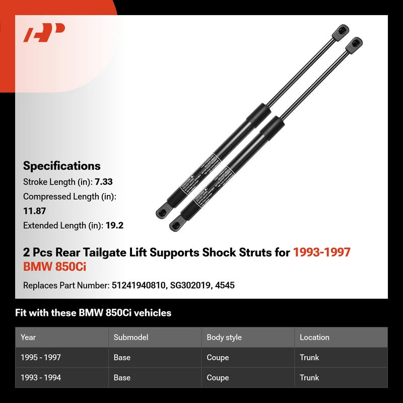 2 Pcs Rear Tailgate Lift Supports Shock Struts for 1993-1997 BMW 850Ci