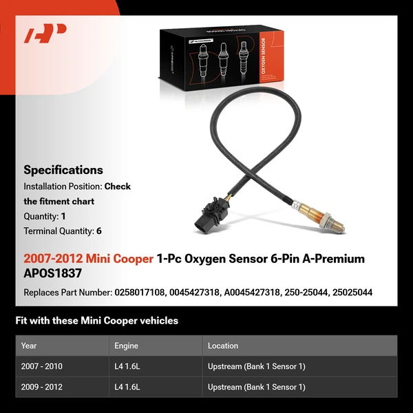 2007-2012 Mini Cooper 1-Pc Oxygen Sensor 6-Pin A-Premium APOS1837