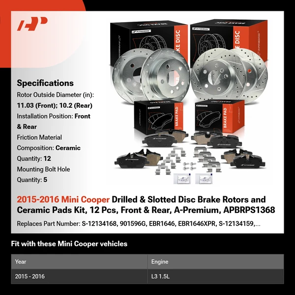 2015-2016 Mini Cooper Drilled & Slotted Disc Brake Rotors and Ceramic Pads Kit, 12 Pcs, Front & Rear, A-Premium, APBRPS1368