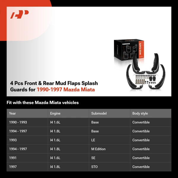 4 Pcs Front & Rear Mud Flaps Splash Guards for 1990-1997 Mazda Miata