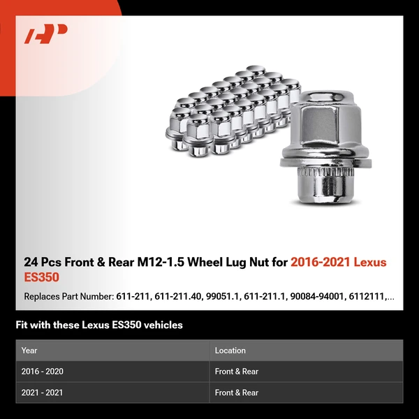 24 Pcs Front & Rear M12-1.5 Wheel Lug Nut for 2016-2021 Lexus ES350
