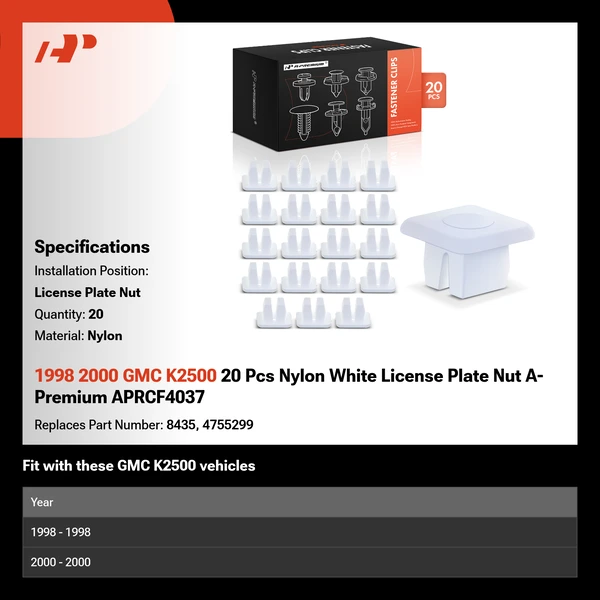1998 2000 GMC K2500 20 Pcs Nylon White License Plate Nut A-Premium APRCF4037