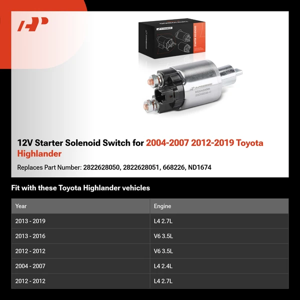 12V Starter Solenoid Switch for 2004-2007 2012-2019 Toyota Highlander