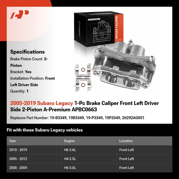 2005-2019 Subaru Legacy 1-Pc Brake Caliper Front Left Driver Side 2-Piston A-Premium APBC0663