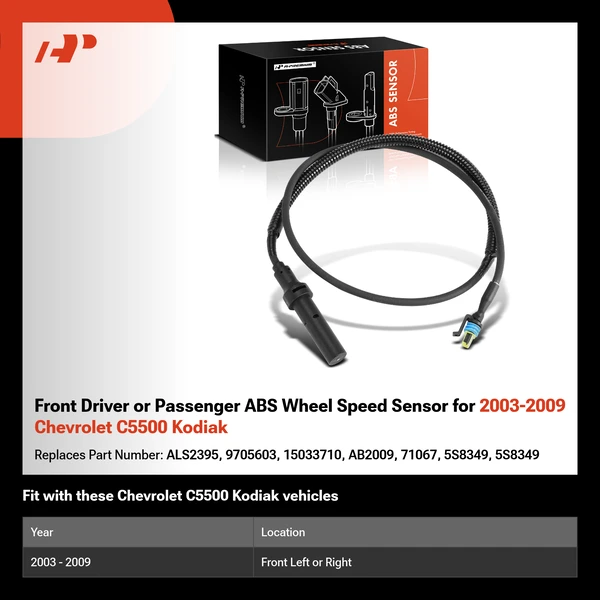 Front Driver or Passenger ABS Wheel Speed Sensor for 2003-2009 Chevrolet C5500 Kodiak