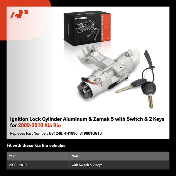 Ignition Lock Cylinder Aluminum & Zamak 5 with Switch & 2 Keys for 2009-2010 Kia Rio