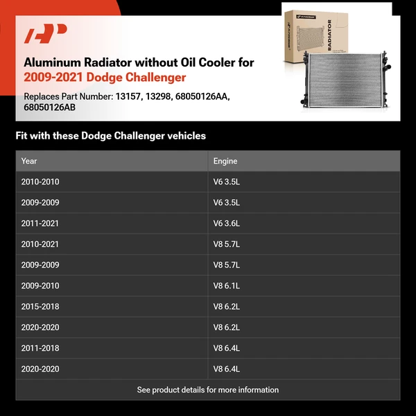 Aluminum Radiator without Oil Cooler for 2009-2021 Dodge Challenger