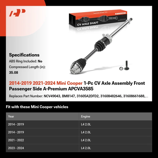 2014-2019 2021-2024 Mini Cooper 1-Pc CV Axle Assembly Front Passenger Side A-Premium APCVA3585