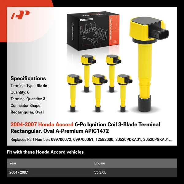 2004-2007 Honda Accord 6-Pc Ignition Coil 3-Blade Terminal Rectangular, Oval A-Premium APIC1472