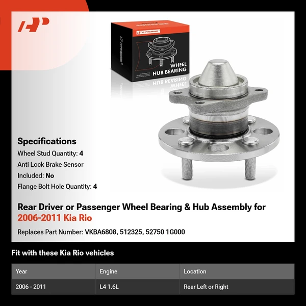 Rear Driver or Passenger Wheel Bearing & Hub Assembly for 2006-2011 Kia Rio