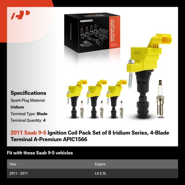 2011 Saab 9-5 Ignition Coil Pack Set of 8 Iridium Series, 4-Blade Terminal A-Premium APIC1566