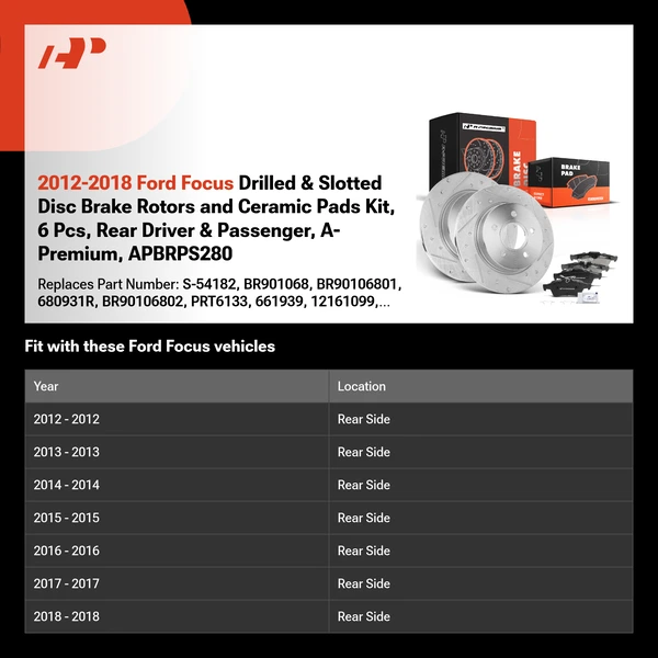2012-2018 Ford Focus Drilled & Slotted Disc Brake Rotors and Ceramic Pads Kit, 6 Pcs, Rear Driver & Passenger, A-Premium, APBRPS280